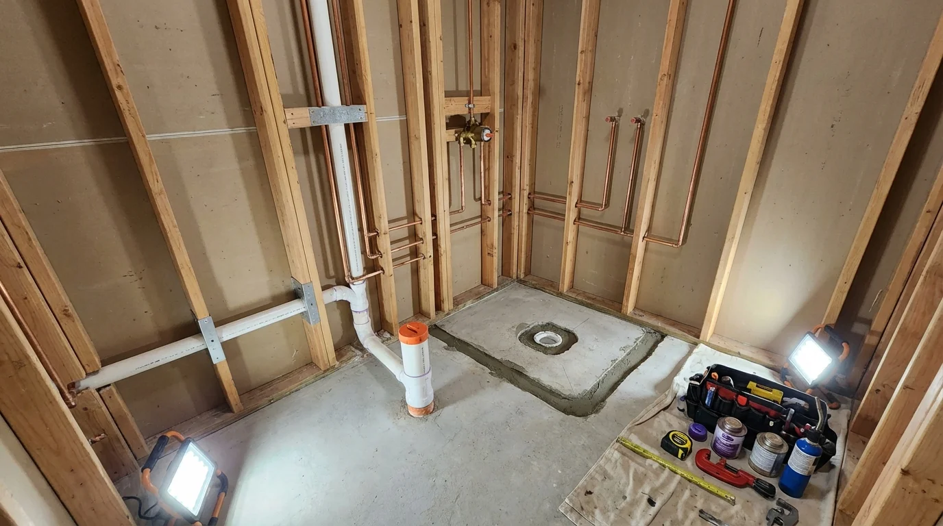 Bathroom rough-in plumbing during remodel by Johns Plumbing LLC in Arbuckle