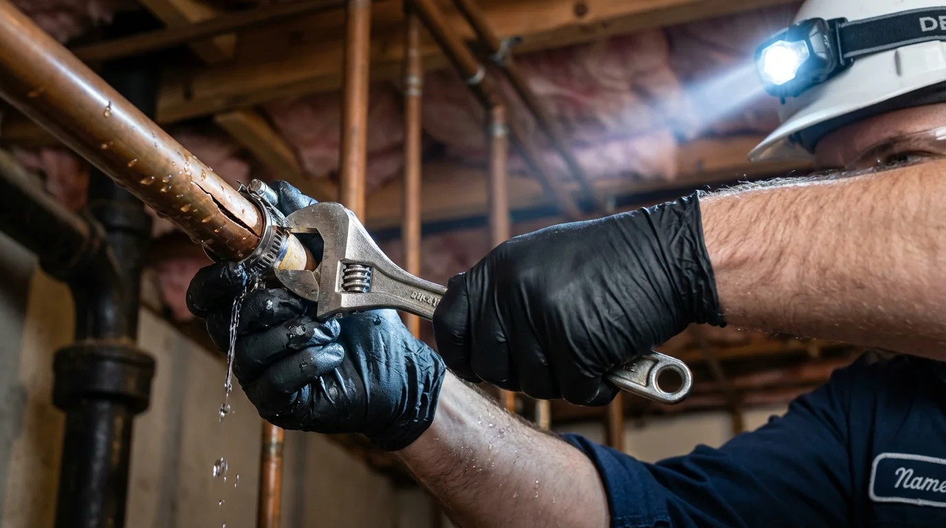 Emergency pipe clamp repair being performed by a Johns Plumbing LLC plumber in Arbuckle
