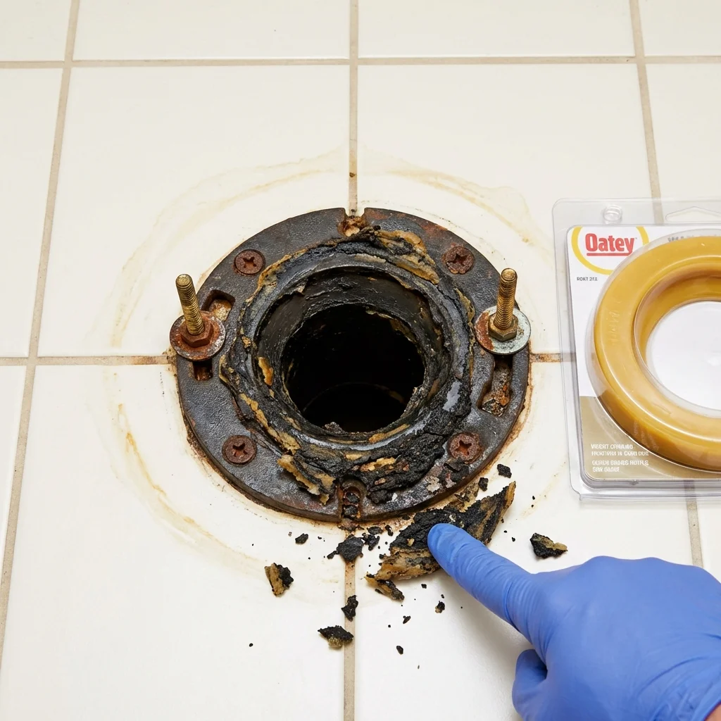 Failed wax ring showing water seepage at the base of a toilet in a Arbuckle, CA home