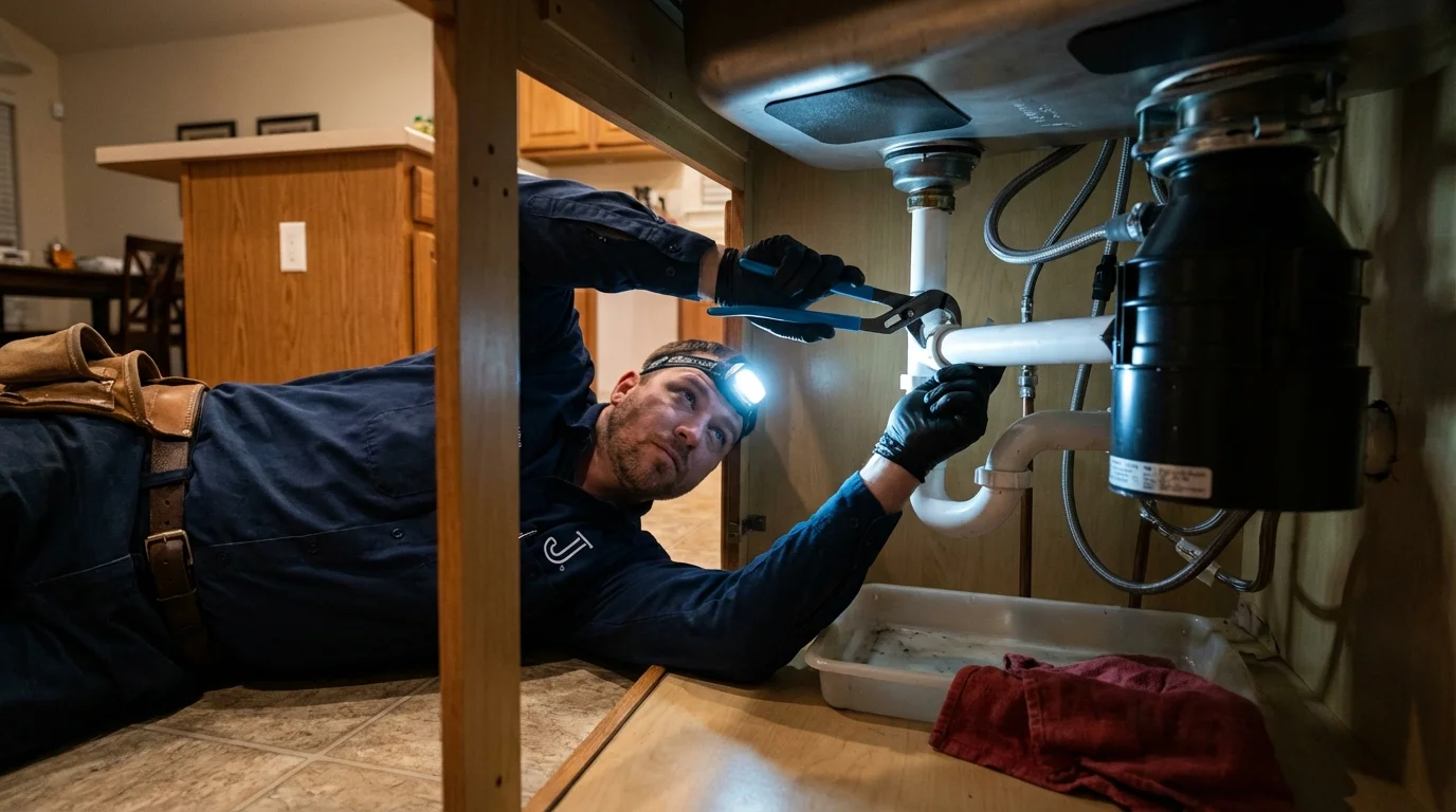 P-trap and supply line connections under a kitchen sink showing a common leak point in Arbuckle, CA